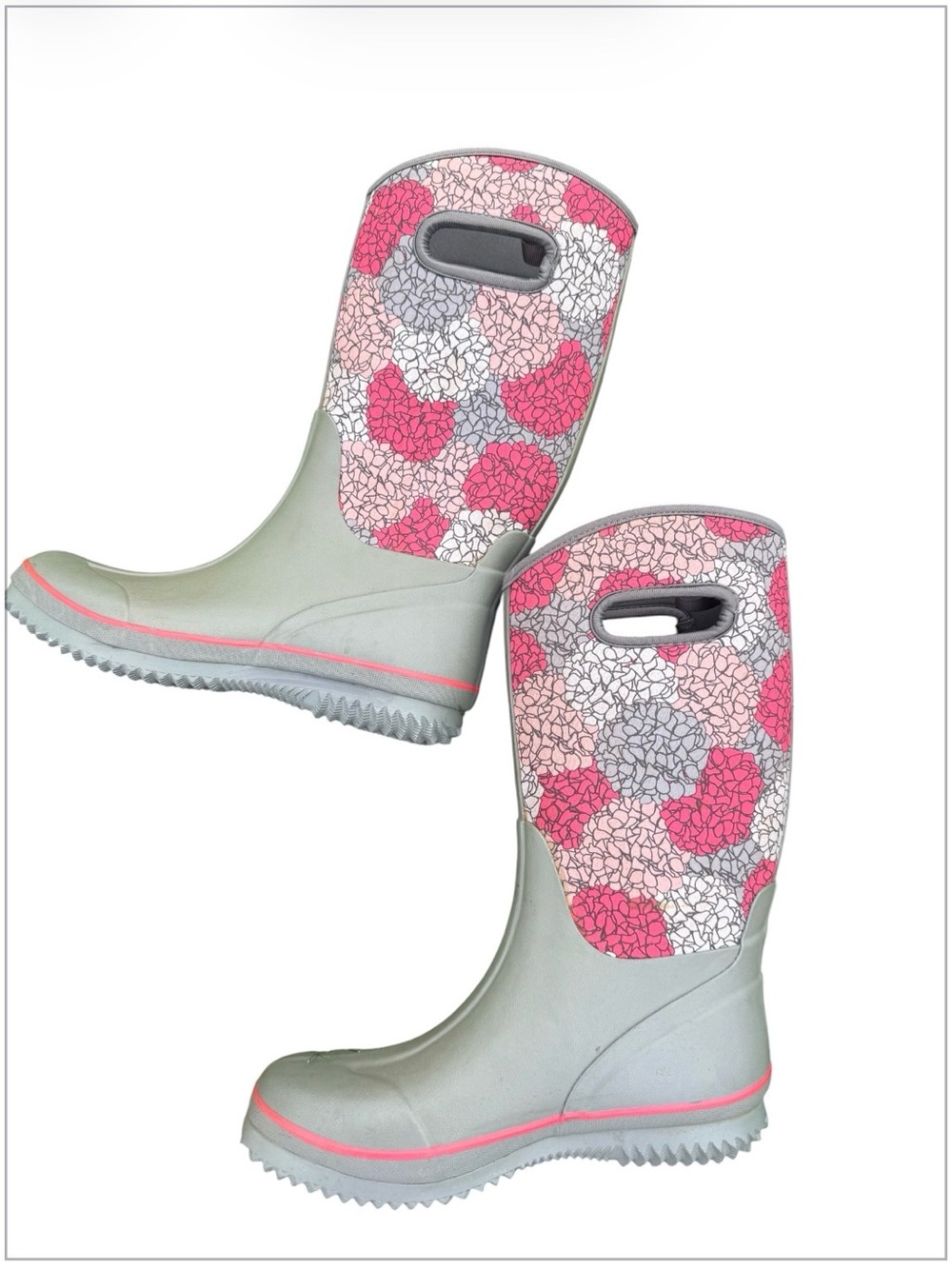 Gray & Pink Floral Waterproof With Handles Women's Rain Boots
